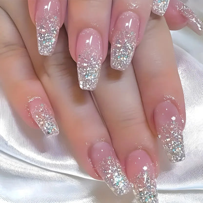 24pcs/set Glitter fake nails for women girls super flash sparkling gradient pink black tips faux ongles press on false nail art