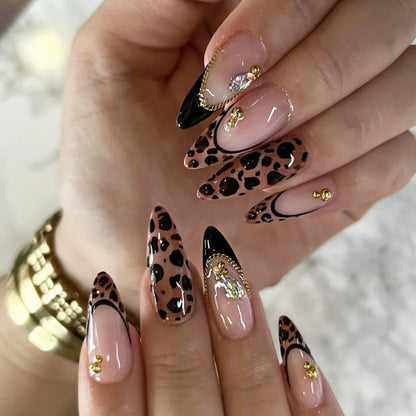 24Pcs Mid-length Almond Press on Fake Nails with 3D Flower French Leopard Print False Nails Pearl Wearable Full Cover Nails Tips