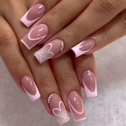 24Pcs Mid-length Square Head Nails Set Press on White French Bow Design Fake Nail Rhinestone Reusable Full Cover False Nail Tip