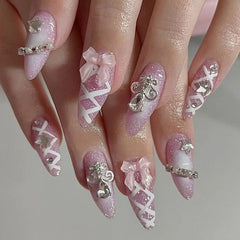 24pcs/set fake nails for women girls 3D embossed flowers cute pink blue leopard print Almond Square tips press on false nail