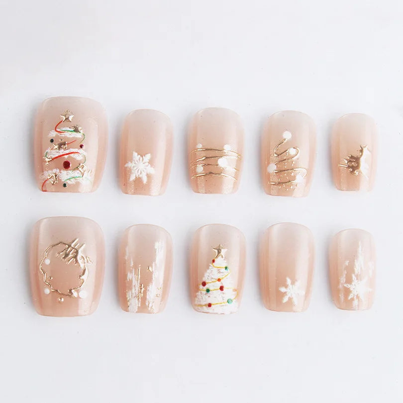 24Pcs Short Square Fake Nails Press on 3D Snowflake Christmas Tree Full Cover Nails Tips Cat's Eye Gilded Detachable False Nails