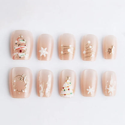 24Pcs Short Square Fake Nails Press on 3D Snowflake Christmas Tree Full Cover Nails Tips Cat's Eye Gilded Detachable False Nails