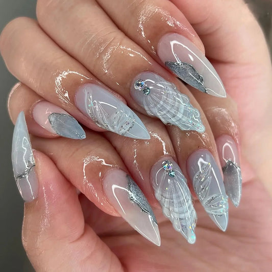 24Pcs Mid-length Almond Press on Fake Nails with 3D Flower French Leopard Print False Nails Pearl Wearable Full Cover Nails Tips