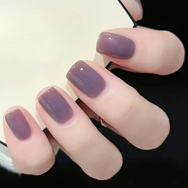 24Pcs Glossy Short Square Head Press on False Nails with Glue Acrylic Colorful Fake Nail Reusable Full Cover Manicure Nail Tips