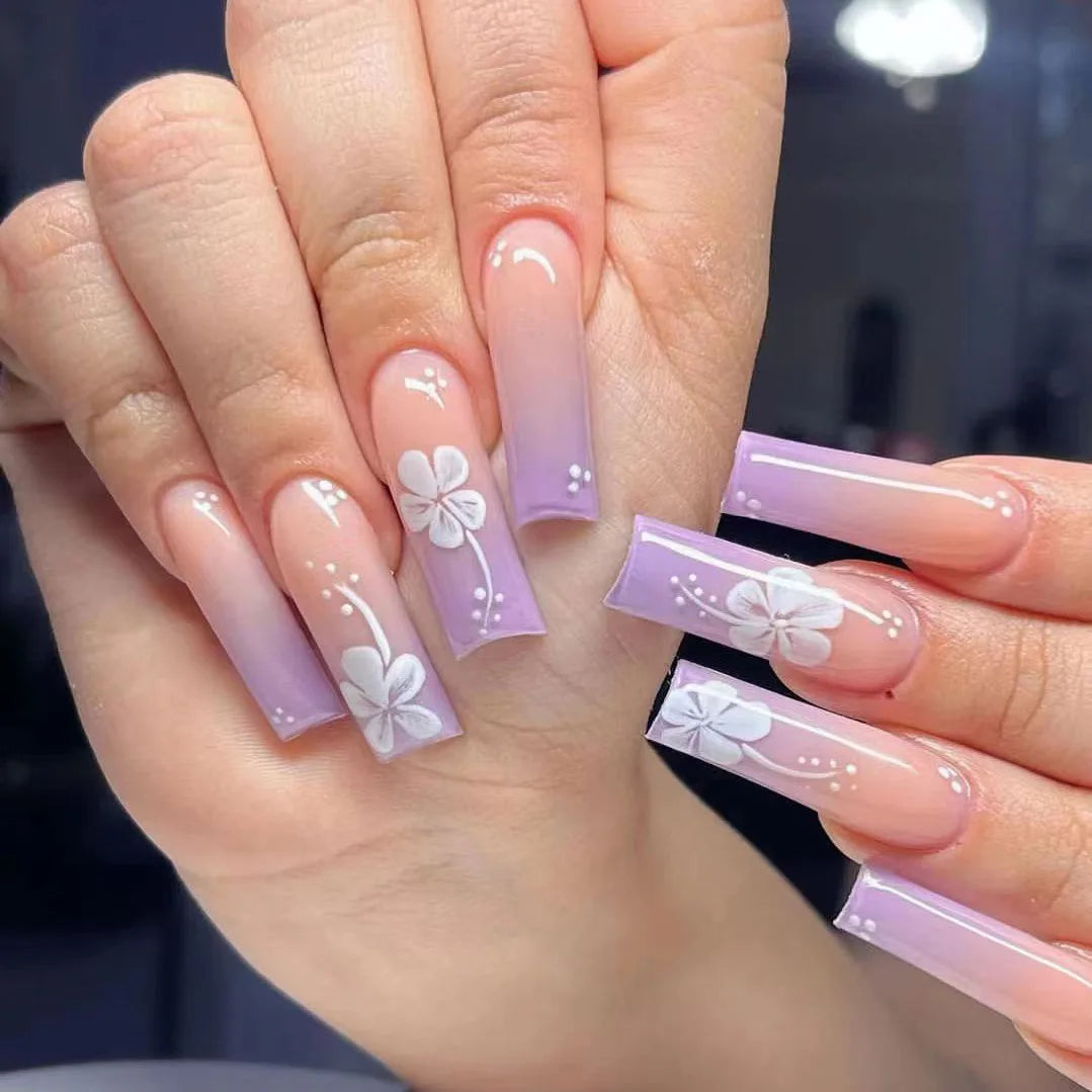 24Pcs Mid-length Square Head Press on False Nails with 3D Red Strawberry Design Wearable French Manicure Tips Ballet Fake Nail