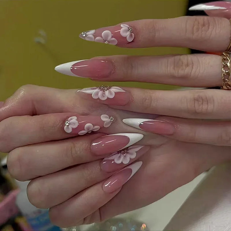 24Pcs Long Almond False Nails Press on Pink French Stripe Design Fake Nails 3D Bow Pearl Reusable Finished Full Cover Nails Tips