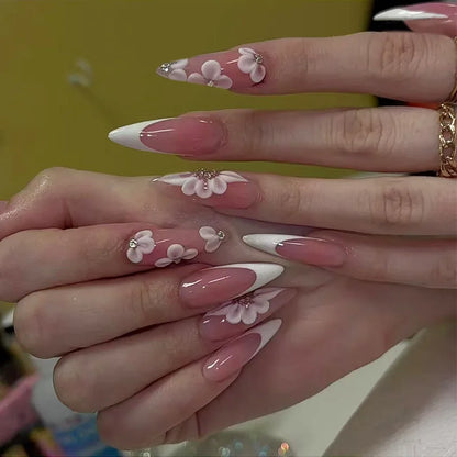 24Pcs Long Almond False Nails Press on Pink French Stripe Design Fake Nails 3D Bow Pearl Reusable Finished Full Cover Nails Tips