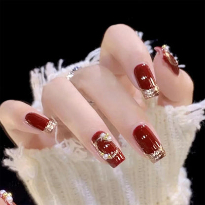 Women New Year Party Wine Red Fake Nails 24Pcs Gold French Press On Nails Short Square Wearable False Nails Patches DIY Manicure