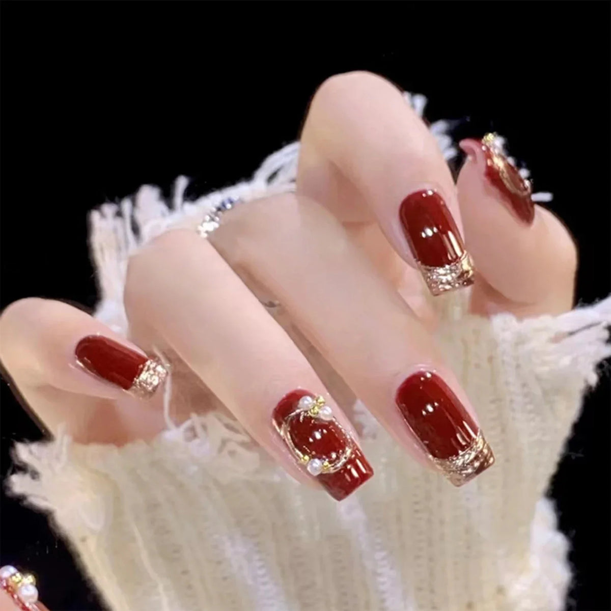 Women New Year Party Wine Red Fake Nails 24Pcs Gold French Press On Nails Short Square Wearable False Nails Patches DIY Manicure