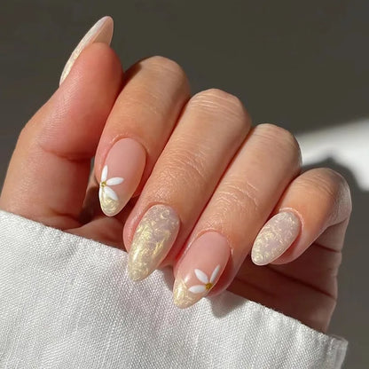 24Pcs Almond Green Press on Fake Nails with Glue Simple Oval Manicure Set Short Flowers Design False Nails Full Cover Nail Tips