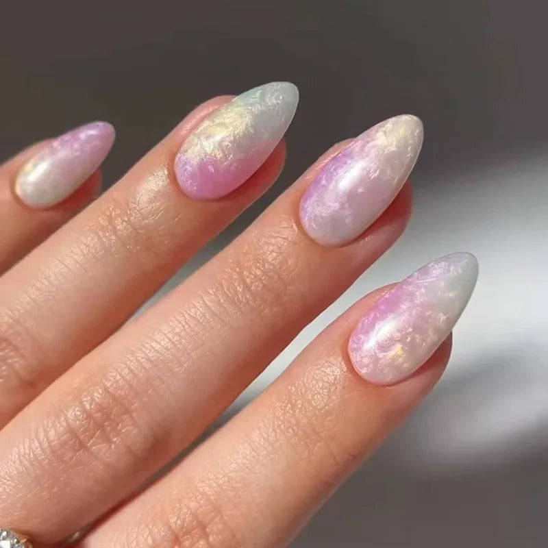 24Pcs Mid-length Almond Nails Set Press on With White Gradient Design Fake Nail Flower Pattern Reusable Finished False Nail Tip