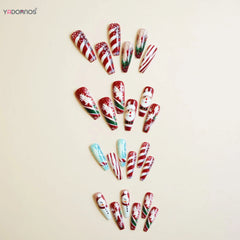 Long Coffin Fake Nails for Christmas Party 24Pcs Red Striped Printed Press On Nails with Santas/Snowman/Snowflake Designs