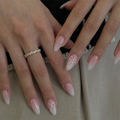 24Pcs Mid-length Almond Nails Set Press on With White Gradient Design Fake Nail Flower Pattern Reusable Finished False Nail Tip