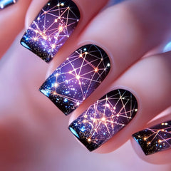 24pcs Romantic Sky Press on Nail Pink Purple Gradient Starry Sky False Nails Wearable European Square Head Fake Nails for Women