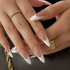 24Pcs Long French Almond Nails Set Press on Simple White Edge Design Fake Nails for Woman Detachable Full Cover False Nails Tips