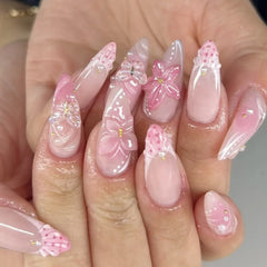24pcs/set Medium fake nails for women girls 3D embossed flowers butterfly shell designs Summer almond tips press on false nail