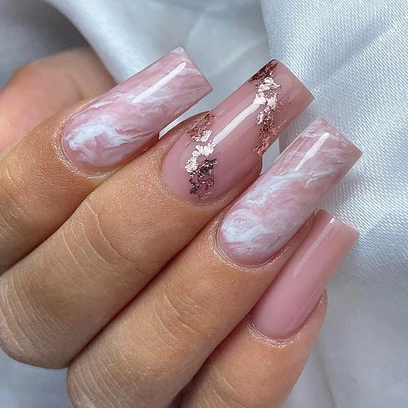24Pcs Mid-length Square Head Full Cover Nails Tips White French Smudge Flower Design Fake Nail Art Reusable Press on False Nails