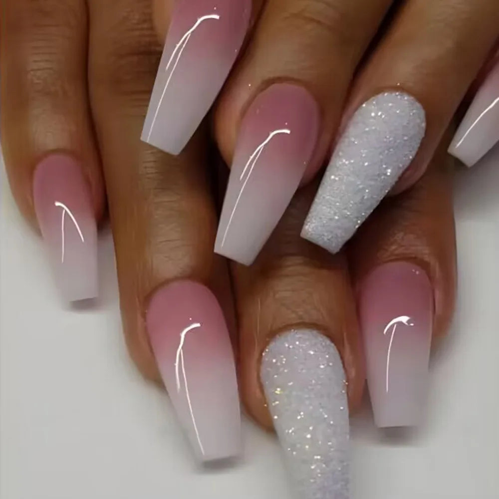 24pcs/set Glitter fake nails for women girls super flash sparkling gradient pink black tips faux ongles press on false nail art