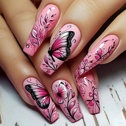 24pcs/set Medium long fake nails Gradient blue ocean fish sun flowers butterfly square ballet summer tips press on false nail