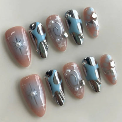 24Pcs Almond Fake Nail with Star and Moon Design Mid-length Round Head Press on False Nails Wearable Full Cover Nail Tips