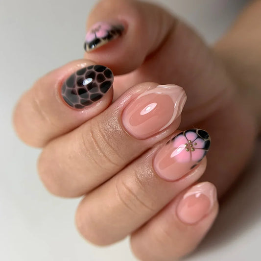 24Pcs Short Almond Fake Nails Press on Pink Flower Leopard Print French False Nails Detachable Artificial Full Cover Nails Tips