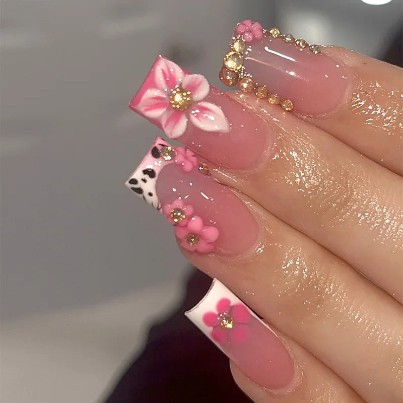 24Pcs Blue Smudge French False Nails Press on 3D Flower Starfish Shell Fake Nails Mid-length Square Wearable Full Cover Nail Tip