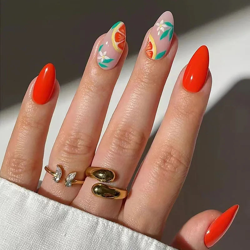 24Pcs Mid-length Almond Press on Fake Nails with Green French Shiny Powder Stripe False Nails Detachable Full Cover Nail Tip Art