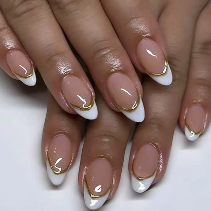 24Pcs Short Round Head Nails Set Press on Golden Edge French Design Fake Nails Tips Wearable Almond Full Cover False Nail Patch