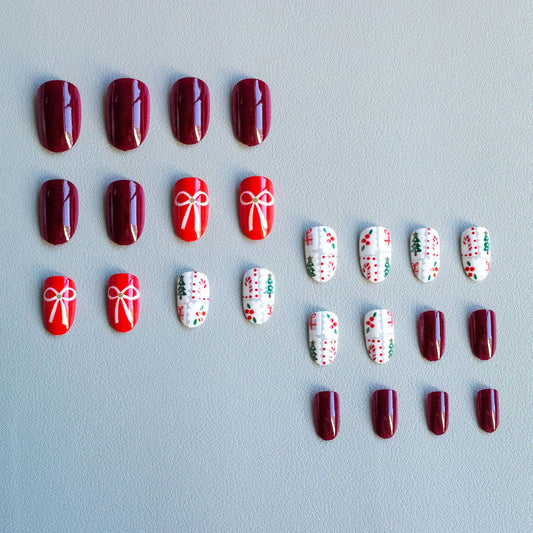 24Pcs Christmas Fake Nails for Women Girls Red/Green Short Round Head Press On Nails Bowknot/Xmas Tree Printed False Nails Art