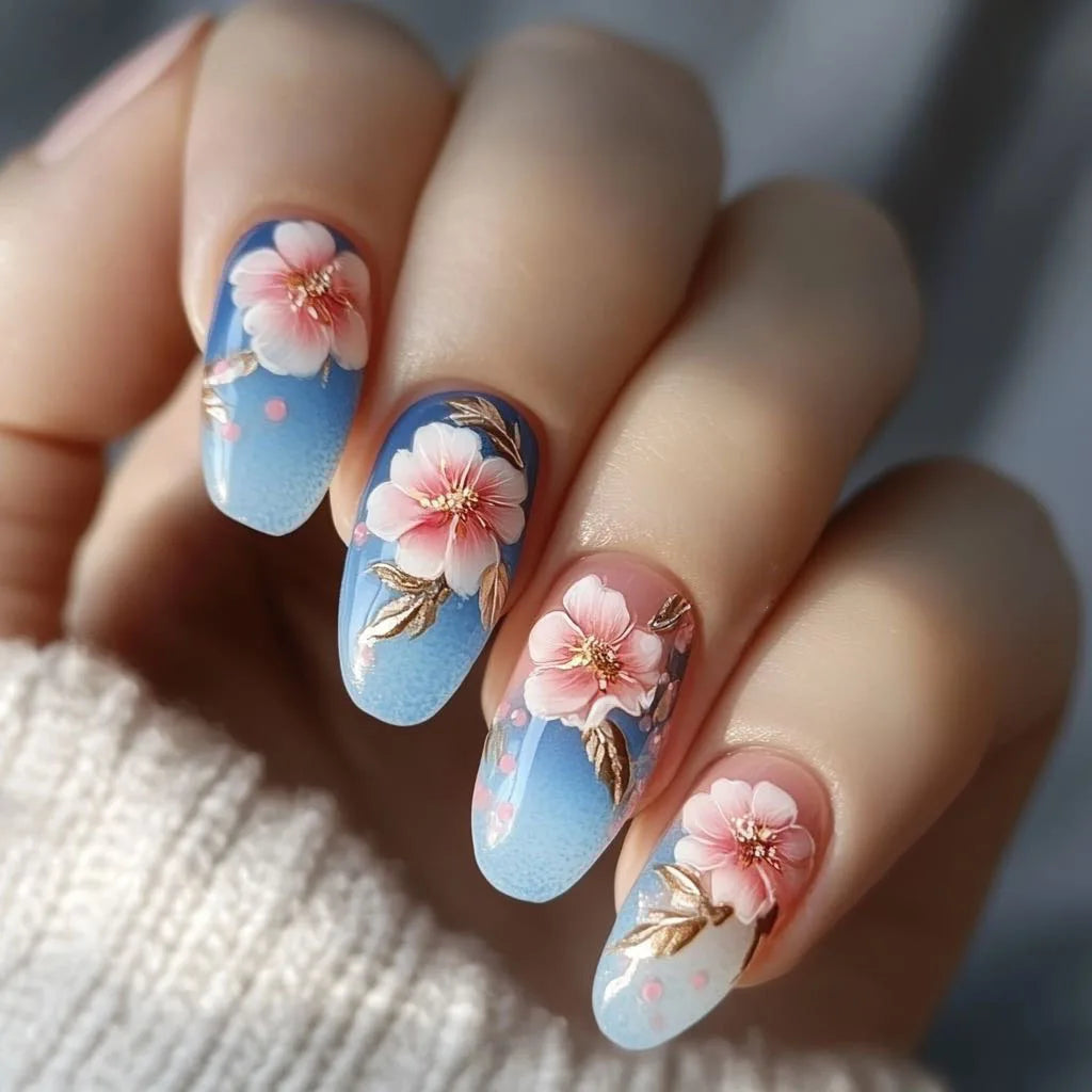 24pcs/set Medium long fake nails Swan fish flowers for summer season gradient almond square ballet tips press on false nails