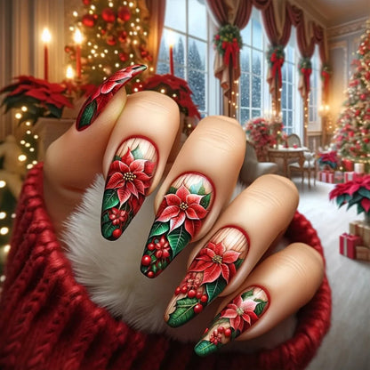 24Pcs Long Coffin Fake Nails Women Chriarmas Party Charm Manicure Full Cover Press On Nails Red Flower Printed Nails Supplies