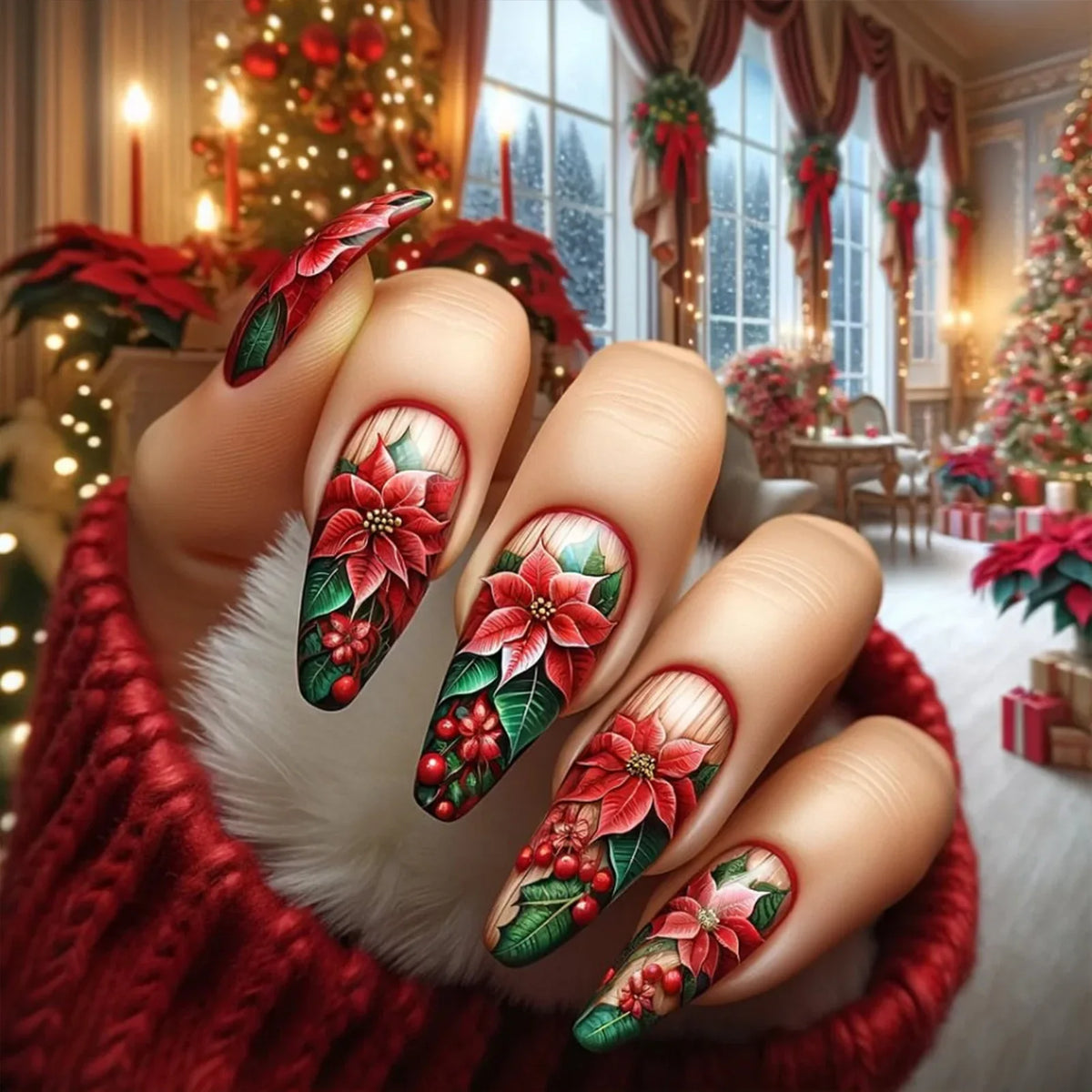 24Pcs Long Coffin Fake Nails Women Chriarmas Party Charm Manicure Full Cover Press On Nails Red Flower Printed Nails Supplies