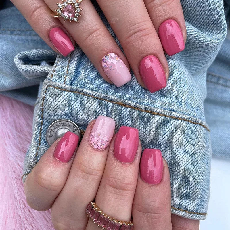 24Pcs Gradient Press on False Nails with Colorful Star Moon Design Glitter Short Square Head Manicure Tips Detachable Fake Nail