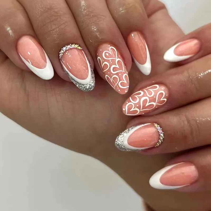 24Pcs Short Round Fake Nails with Gilding Flower Design Wearable Almond False Nails Tips Golden Lines Detachable Press on Nails