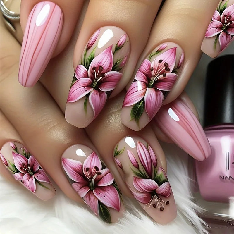 24Pcs Reusable Fake Nails Mid-length Ballet Press on False Nails with Flower Designs Fashion Pink Nails Set Detachable Nail Tips