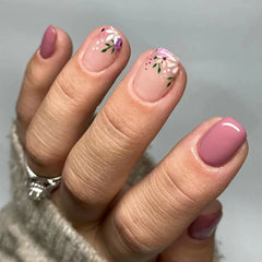 24Pcs Mid-Length Ballet Nails Set Pres on Cute Gradient Pink Flower Design False Nails Wearable Full Cover Fake Nail Tips
