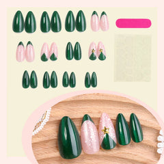 Glossy Red French Fake Nails 24Pcs Almond Press On Nails Xmas Hat Designs Full Cover Acrylic False Nails Patches DIY Manicure