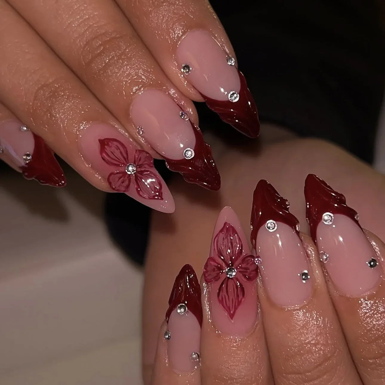 24Pcs Mid-length French Almond Full Cover Nails Tips Cherry Colorful Flower Design Press on Fake Nails Detachable False Nail Art