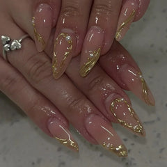 24Pcs 3D Golden French False Nails with Glue Wearable Round Head Press on Fake Nails Tips Almond Reusable Manicure for Women
