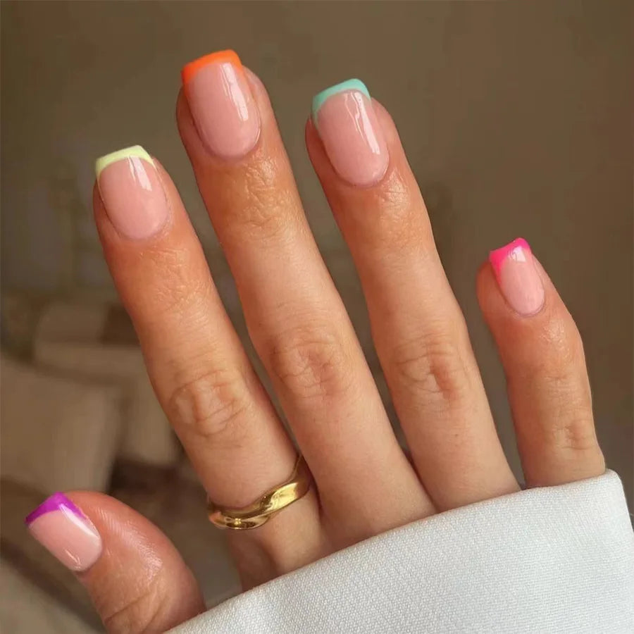 24Pcs Glossy Short Square Head Press on False Nails with Glue Acrylic Colorful Fake Nail Reusable Full Cover Manicure Nail Tips