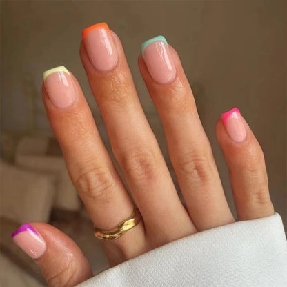 24Pcs Glossy Short Square Head Press on False Nails with Glue Acrylic Colorful Fake Nail Reusable Full Cover Manicure Nail Tips