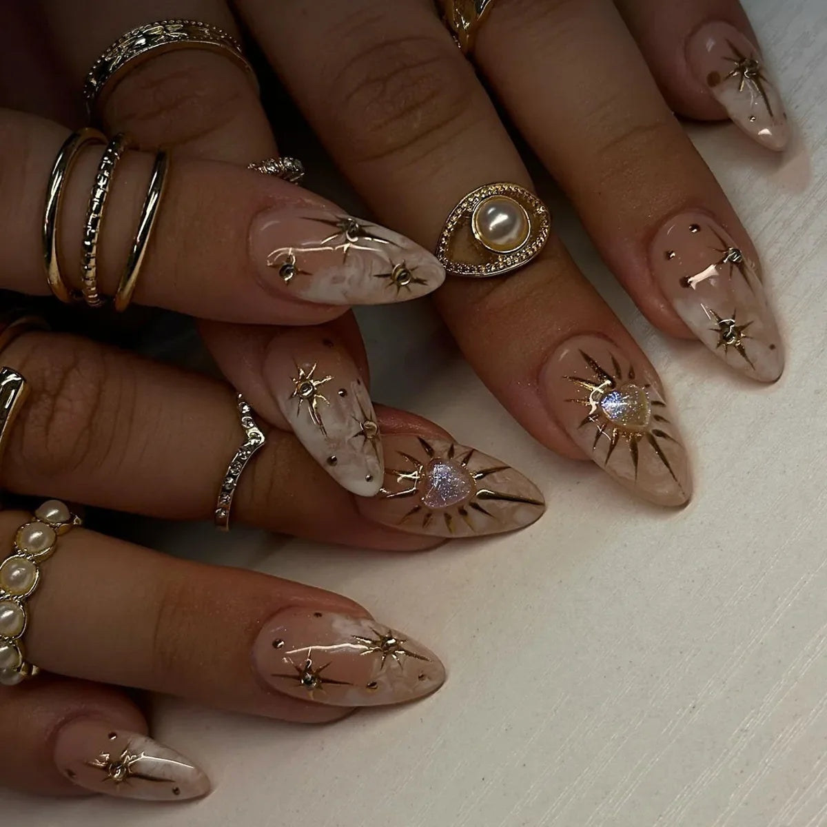 24Pcs Nude Pink Almond Fake Nails with Golden Lines Design Long Round Head Press on False Nails Wearable Full Cover Nail Tips