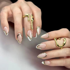 24Pcs Nude Pink Almond Fake Nails with Golden Lines Design Long Round Head Press on False Nails Wearable Full Cover Nail Tips
