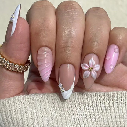 24Pcs 3D Shell Pattern Press on False Nails with Green Camellia Design Short Round Head Wearable Almond French Fake Nail Set