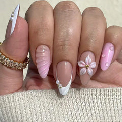 24Pcs 3D Shell Pattern Press on False Nails with Green Camellia Design Short Round Head Wearable Almond French Fake Nail Set