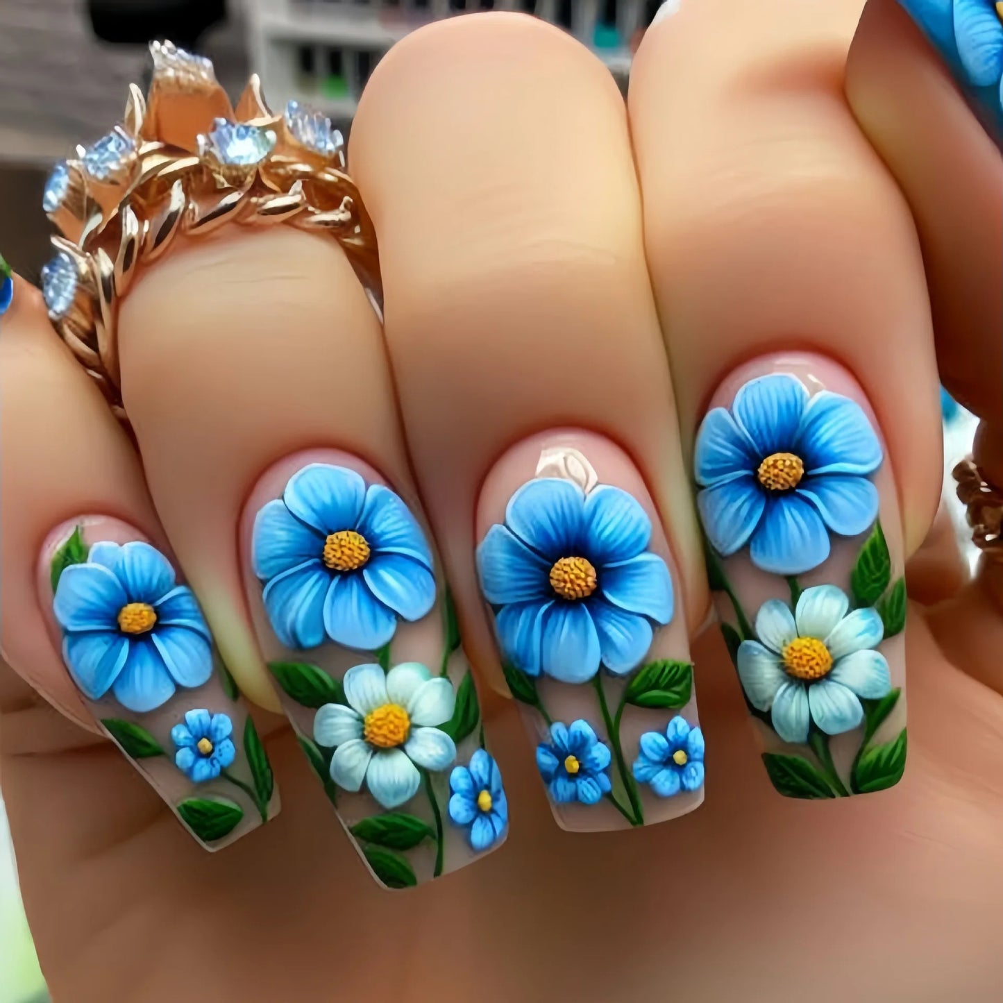 24pcs/set Short Medium long fake nails for women girls Spring summer flowers butterfly flamingo blue pink press on false nails