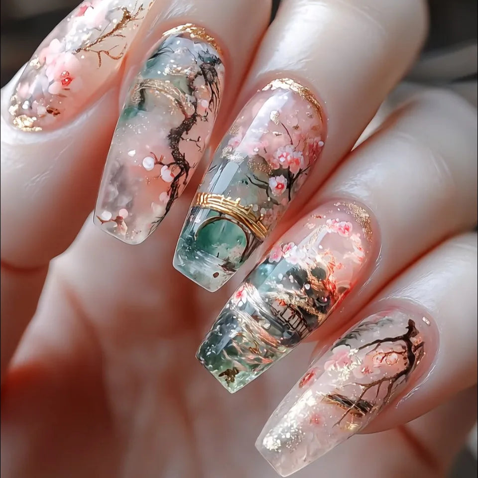 24pcs/set Medium long fake nails Swan fish flowers for summer season gradient almond square ballet tips press on false nails