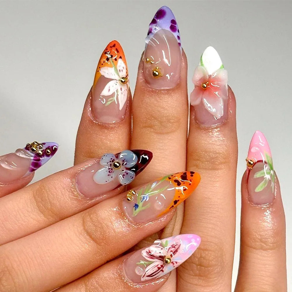 24Pcs Mid-length Blue Almond False Nails with 3D Shell Design Press on Nails Tips Butterfly Flower Pattern Datachable Fake Nail