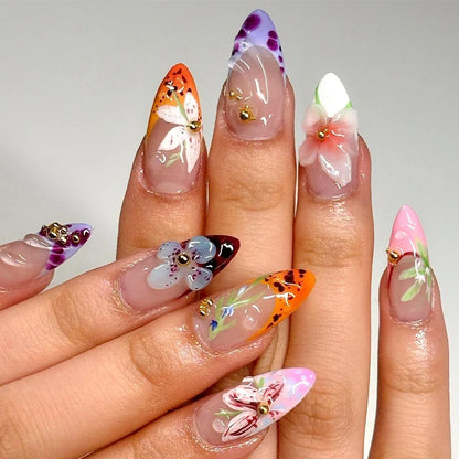 24Pcs Mid-length Blue Almond False Nails with 3D Shell Design Press on Nails Tips Butterfly Flower Pattern Datachable Fake Nail