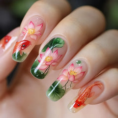 24pcs/set Medium long fake nails Swan fish flowers for summer season gradient almond square ballet tips press on false nails